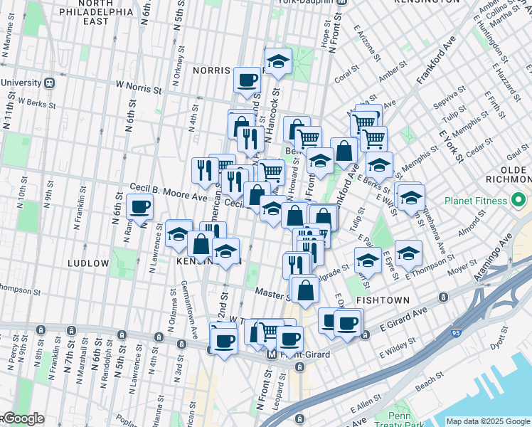 map of restaurants, bars, coffee shops, grocery stores, and more near 1615 North Hancock Street in Philadelphia