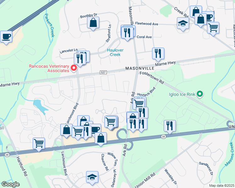 map of restaurants, bars, coffee shops, grocery stores, and more near 908 Coventry Way in Mount Laurel