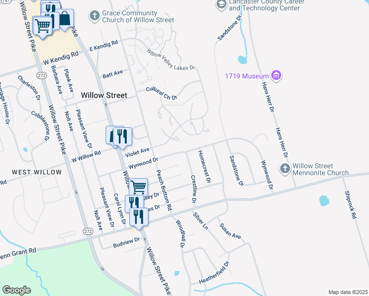 map of restaurants, bars, coffee shops, grocery stores, and more near 119 Wynwood Drive in Willow Street