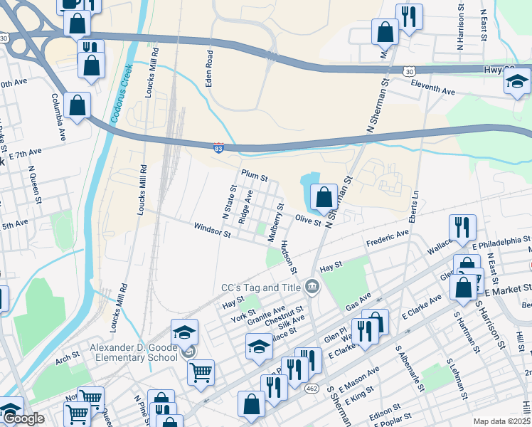 map of restaurants, bars, coffee shops, grocery stores, and more near 649 North Franklin Street in York