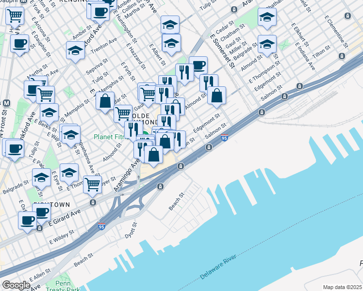 map of restaurants, bars, coffee shops, grocery stores, and more near 2526 Tilton Street in Philadelphia