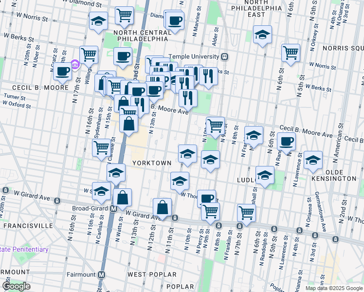 map of restaurants, bars, coffee shops, grocery stores, and more near 1519 Guilford Place in Philadelphia