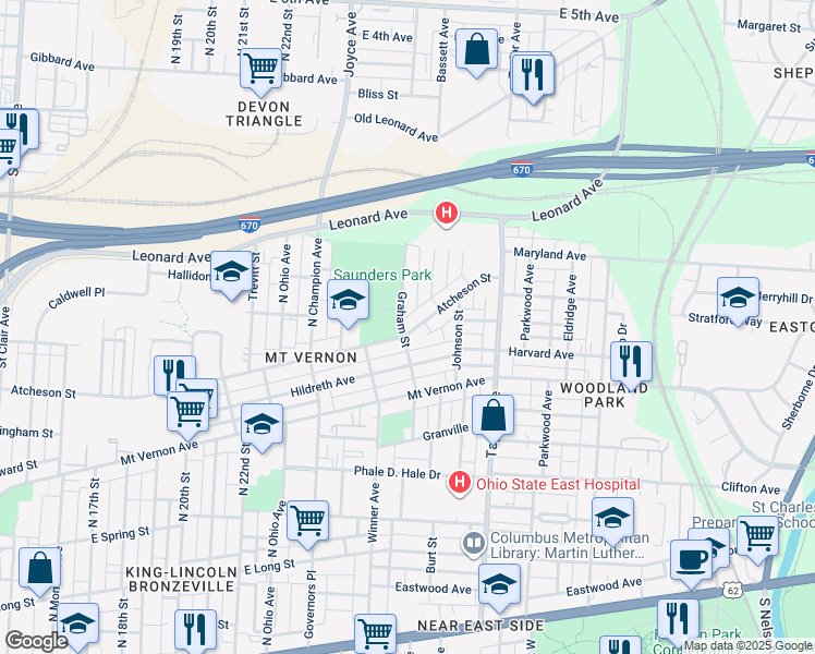 map of restaurants, bars, coffee shops, grocery stores, and more near 476 Graham Street in Columbus