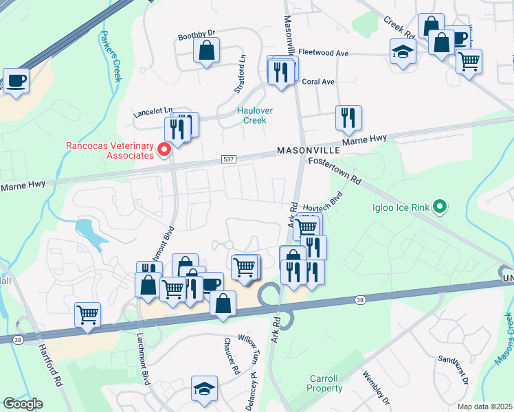 map of restaurants, bars, coffee shops, grocery stores, and more near 906 Coventry Way in Mount Laurel