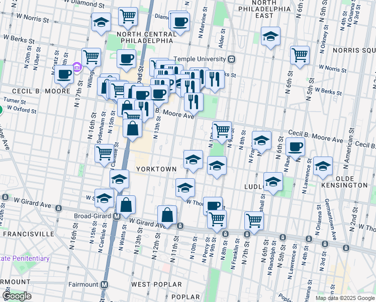 map of restaurants, bars, coffee shops, grocery stores, and more near 1519 Guilford Place in Philadelphia