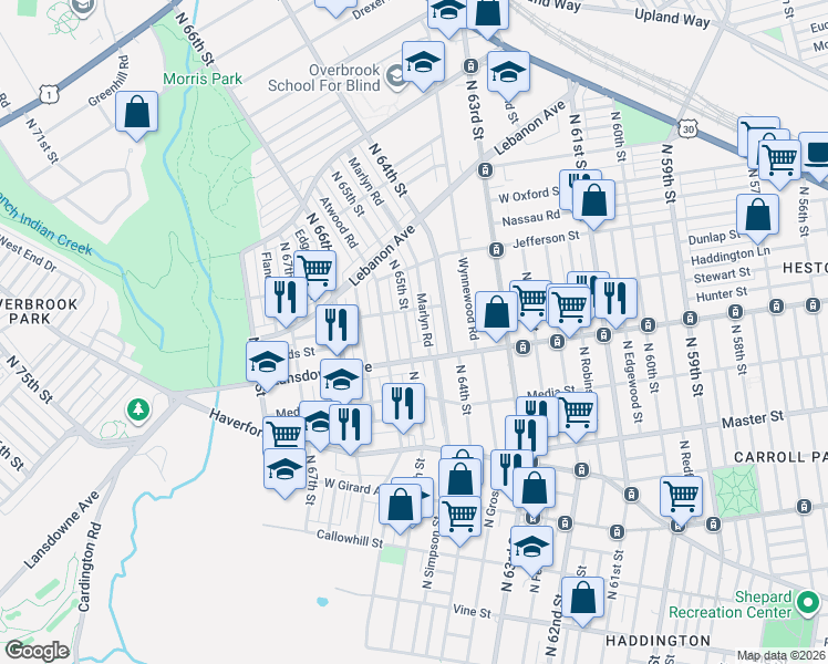 map of restaurants, bars, coffee shops, grocery stores, and more near 900 Marlyn Road in Philadelphia