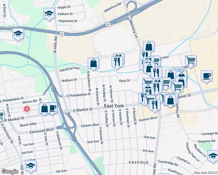 map of restaurants, bars, coffee shops, grocery stores, and more near 104 North Vernon Street in East York