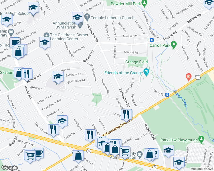 map of restaurants, bars, coffee shops, grocery stores, and more near 215 Pickwick Road in Havertown
