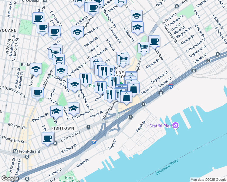 map of restaurants, bars, coffee shops, grocery stores, and more near 2628 East York Street in Philadelphia