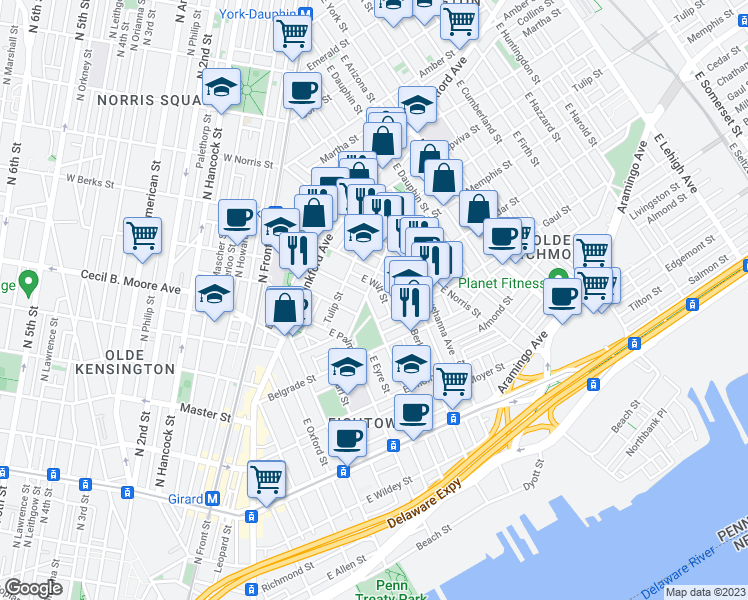 map of restaurants, bars, coffee shops, grocery stores, and more near 1463 East Montgomery Avenue in Philadelphia