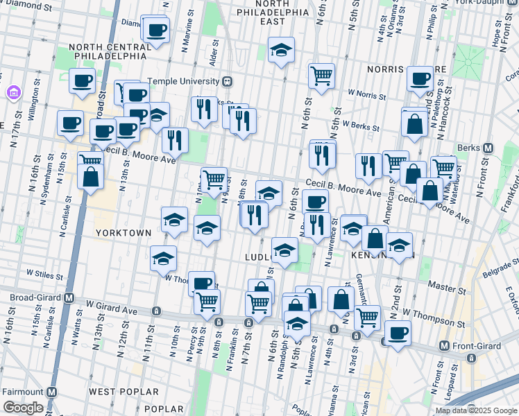 map of restaurants, bars, coffee shops, grocery stores, and more near 1549 North Franklin Street in Philadelphia