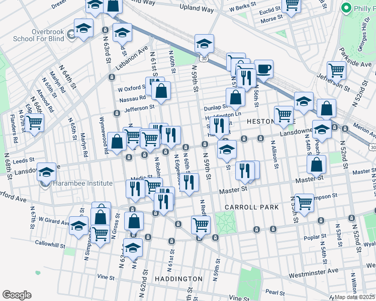 map of restaurants, bars, coffee shops, grocery stores, and more near 5940 Lansdowne Avenue in Philadelphia