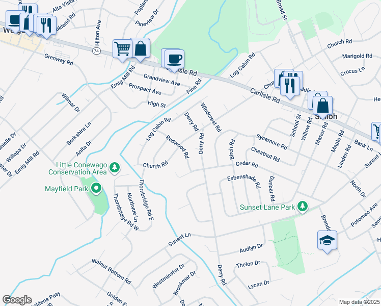map of restaurants, bars, coffee shops, grocery stores, and more near 2349 Redwood Road in York