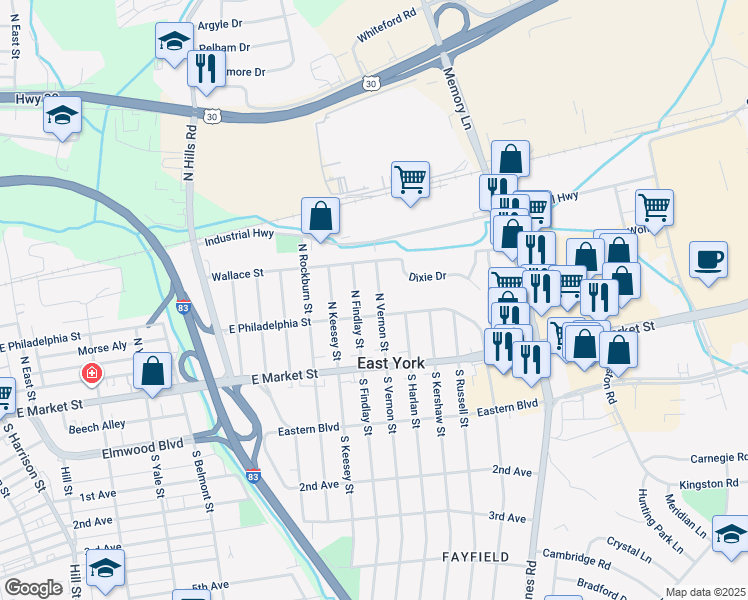 map of restaurants, bars, coffee shops, grocery stores, and more near 104 North Vernon Street in East York