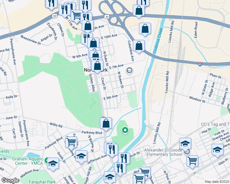 map of restaurants, bars, coffee shops, grocery stores, and more near 915 North Duke Street in York