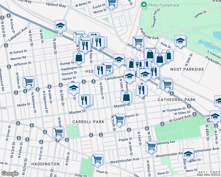 map of restaurants, bars, coffee shops, grocery stores, and more near 1517 North 55th Street in Philadelphia