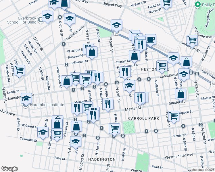 map of restaurants, bars, coffee shops, grocery stores, and more near 5938 Lansdowne Avenue in Philadelphia