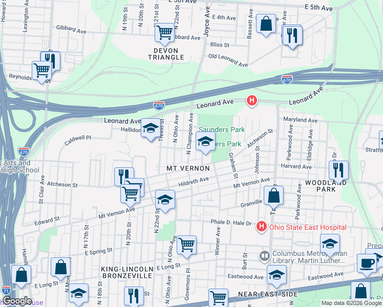 map of restaurants, bars, coffee shops, grocery stores, and more near 500 North Champion Avenue in Columbus