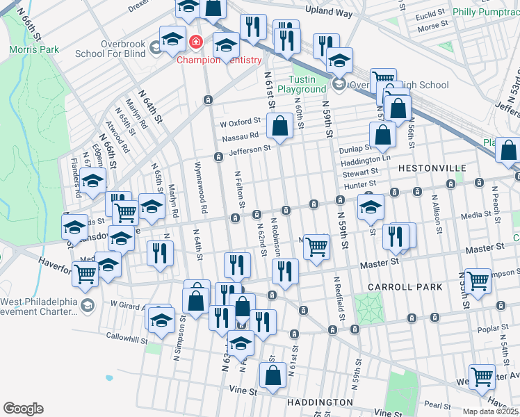 map of restaurants, bars, coffee shops, grocery stores, and more near 6147 Lansdowne Avenue in Philadelphia
