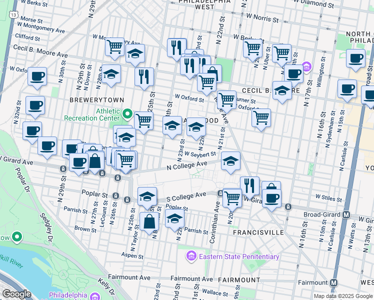 map of restaurants, bars, coffee shops, grocery stores, and more near 2241 Ingersoll Street in Philadelphia