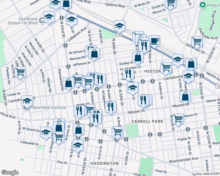 map of restaurants, bars, coffee shops, grocery stores, and more near 5940 Lansdowne Avenue in Philadelphia