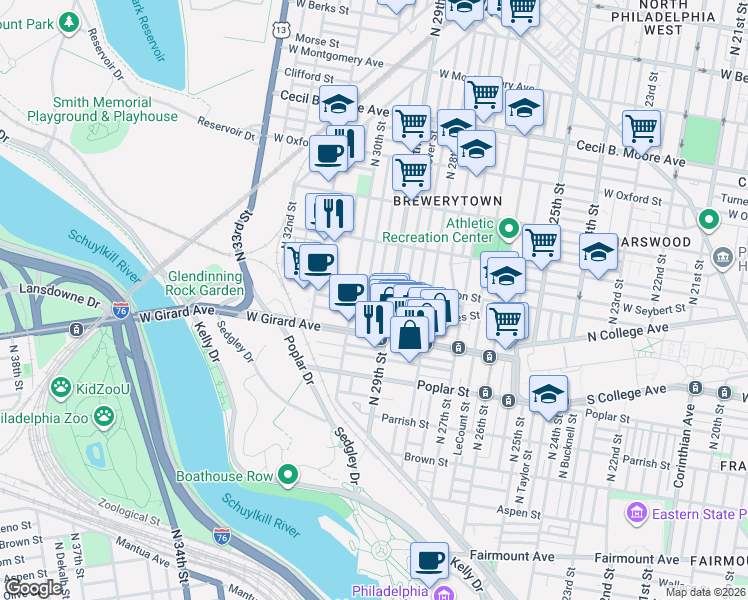 map of restaurants, bars, coffee shops, grocery stores, and more near 2940 West Thompson Street in Philadelphia