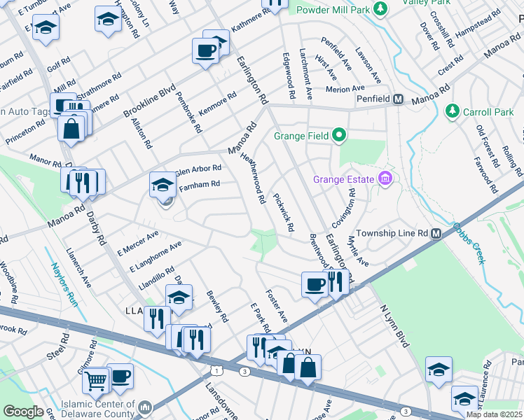 map of restaurants, bars, coffee shops, grocery stores, and more near 214 Heatherwood Road in Havertown