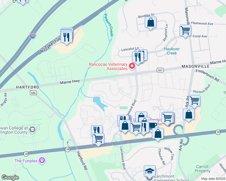 map of restaurants, bars, coffee shops, grocery stores, and more near 1816 Larchmont Place in Mount Laurel Township