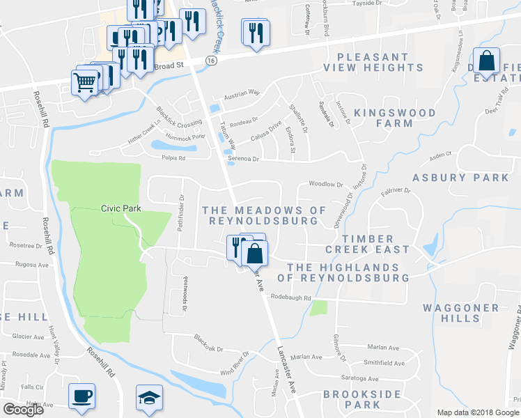 map of restaurants, bars, coffee shops, grocery stores, and more near 7196 Lauretta Court in Reynoldsburg