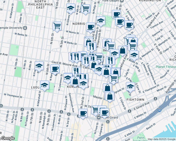 map of restaurants, bars, coffee shops, grocery stores, and more near 1633 North 2nd Street in Philadelphia