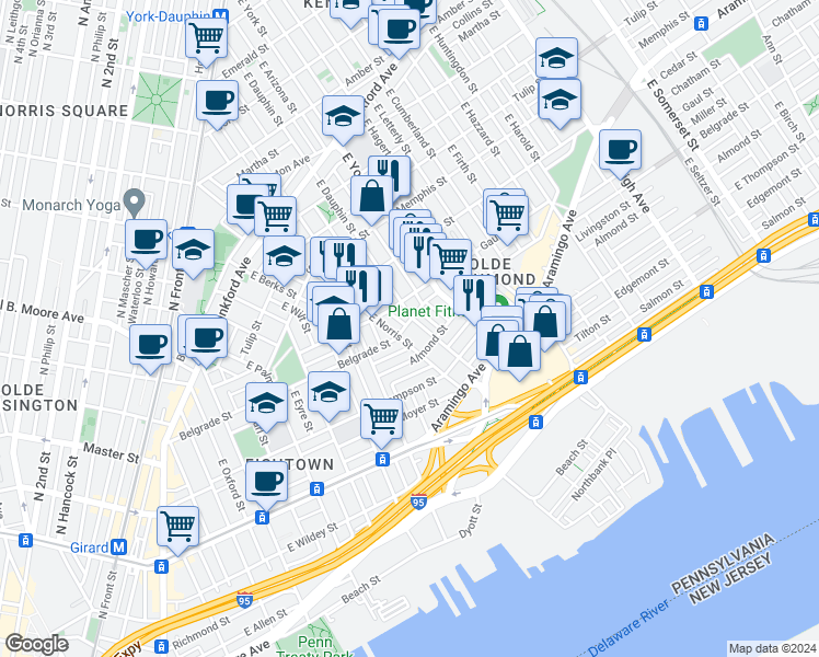 map of restaurants, bars, coffee shops, grocery stores, and more near 2211 Belgrade Street in Philadelphia