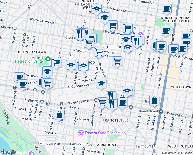 map of restaurants, bars, coffee shops, grocery stores, and more near 2046 Ridge Avenue in Philadelphia