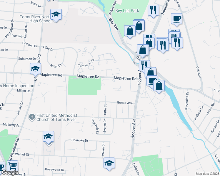 map of restaurants, bars, coffee shops, grocery stores, and more near 402 Bent Trail in Toms River