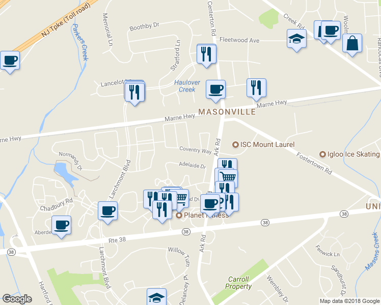 map of restaurants, bars, coffee shops, grocery stores, and more near 908 Coventry Way in Mount Laurel