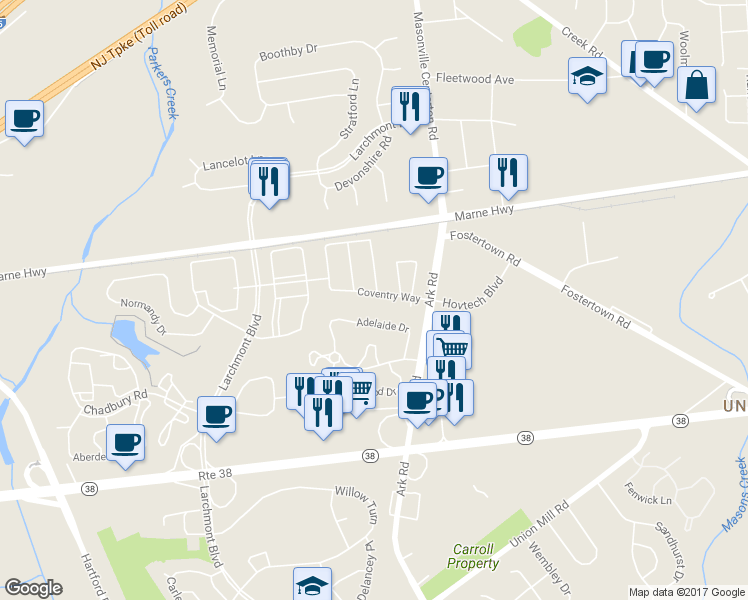 map of restaurants, bars, coffee shops, grocery stores, and more near 906 Coventry Way in Mount Laurel