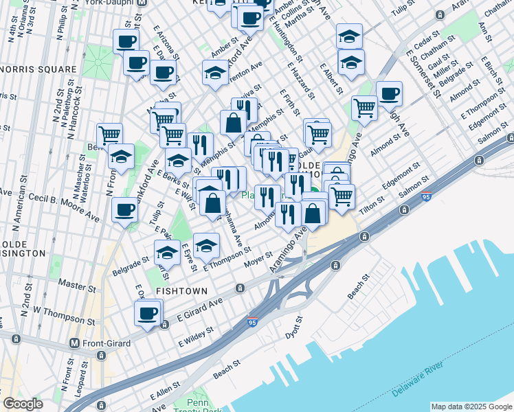 map of restaurants, bars, coffee shops, grocery stores, and more near 2211 Belgrade Street in Philadelphia