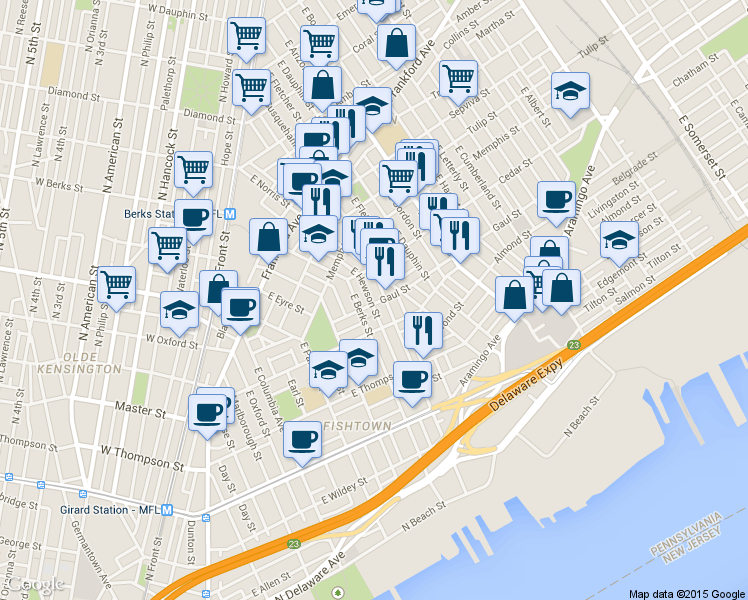 map of restaurants, bars, coffee shops, grocery stores, and more near 1530 East Susquehanna Avenue in Philadelphia