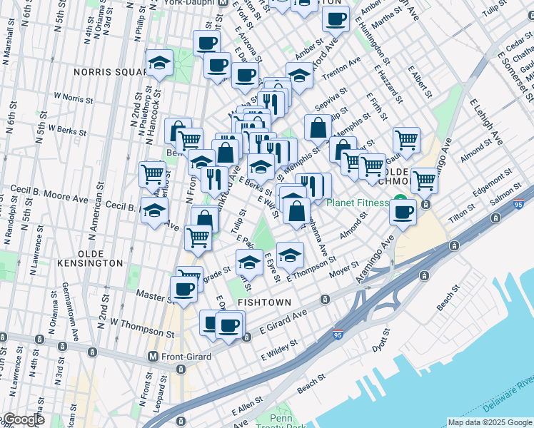 map of restaurants, bars, coffee shops, grocery stores, and more near in Philadelphia