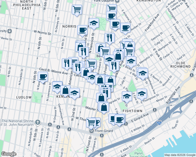 map of restaurants, bars, coffee shops, grocery stores, and more near 1739 North Howard Street in Philadelphia