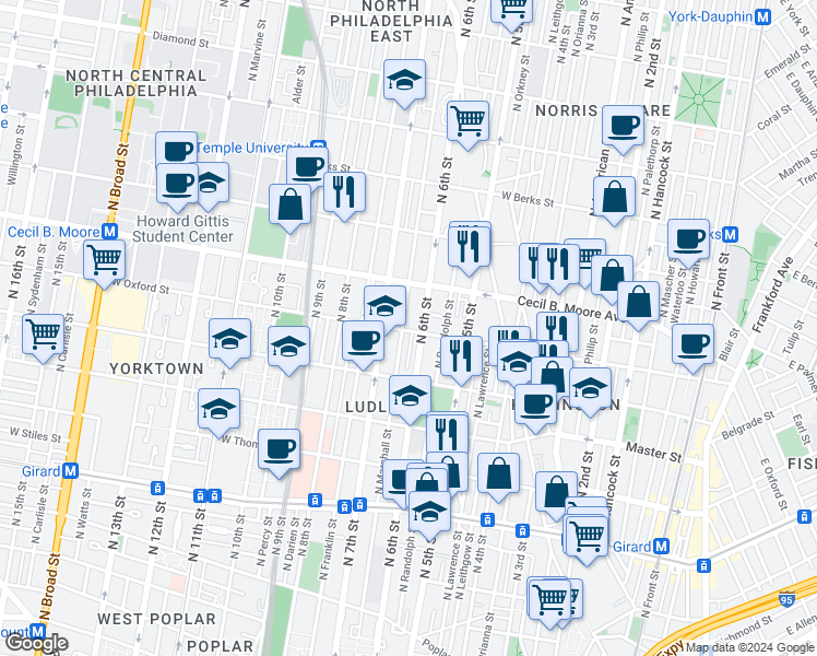 map of restaurants, bars, coffee shops, grocery stores, and more near 1636 North 6th Street in Philadelphia