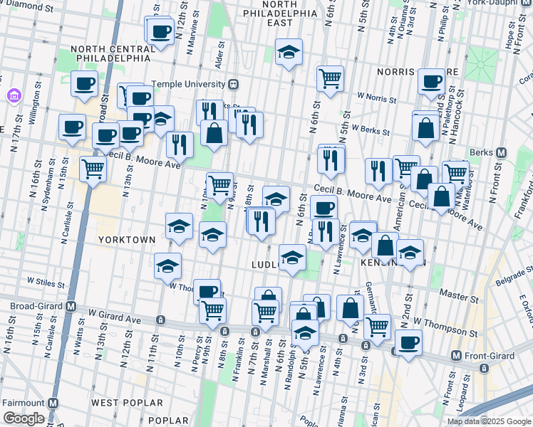 map of restaurants, bars, coffee shops, grocery stores, and more near in Philadelphia