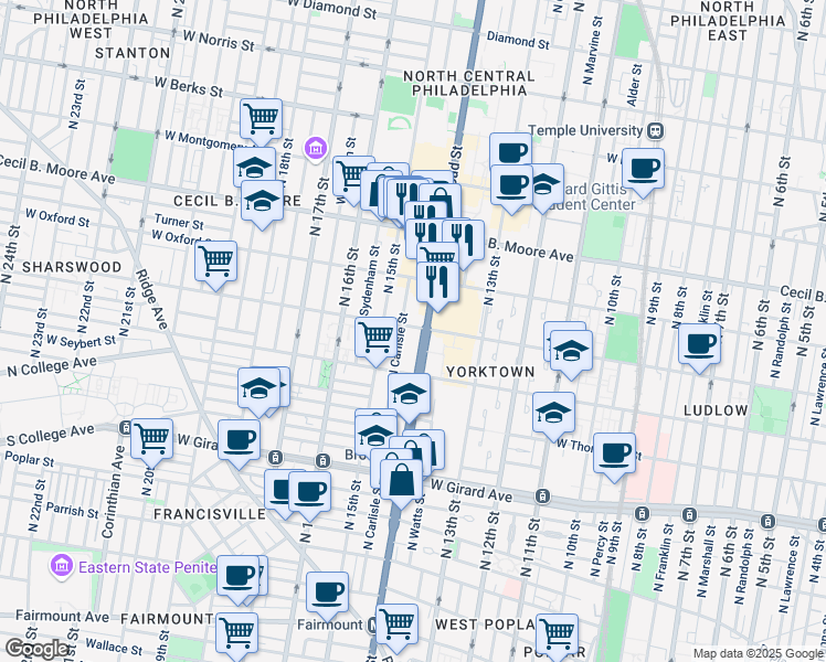map of restaurants, bars, coffee shops, grocery stores, and more near 1514 North Broad Street in Philadelphia
