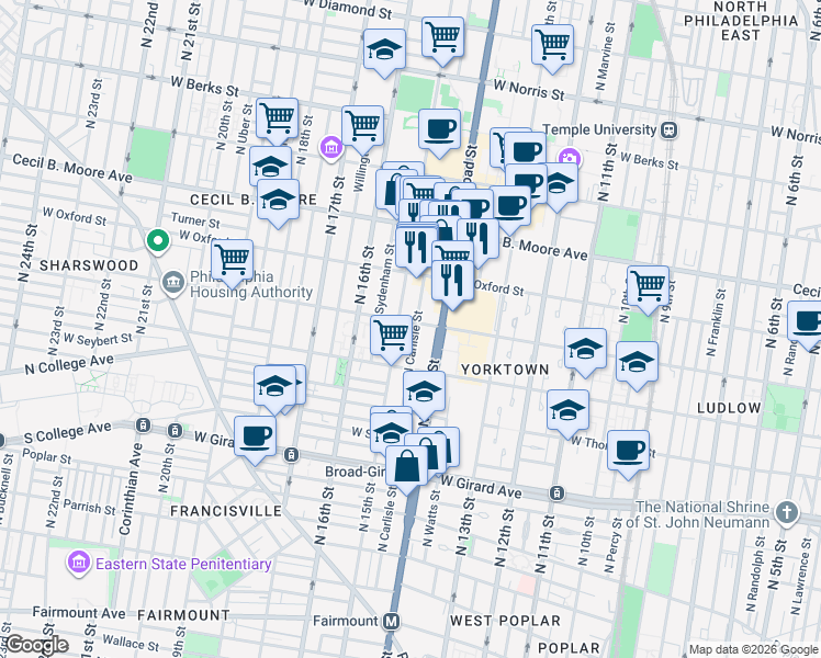 map of restaurants, bars, coffee shops, grocery stores, and more near 1514 North Broad Street in Philadelphia