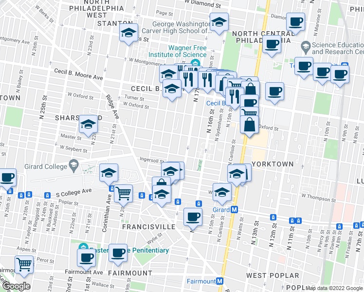 map of restaurants, bars, coffee shops, grocery stores, and more near 1684 West Jefferson Street in Philadelphia