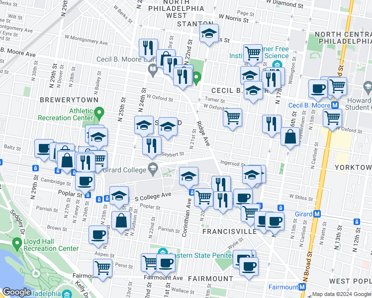 map of restaurants, bars, coffee shops, grocery stores, and more near 2122 Sharswood Street in Philadelphia