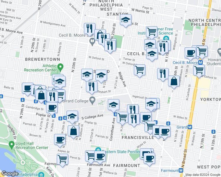 map of restaurants, bars, coffee shops, grocery stores, and more near 2122 Sharswood Street in Philadelphia