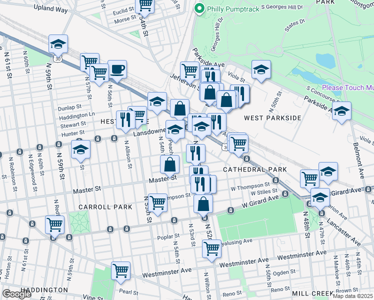 map of restaurants, bars, coffee shops, grocery stores, and more near 1499 North 53rd Street in Philadelphia
