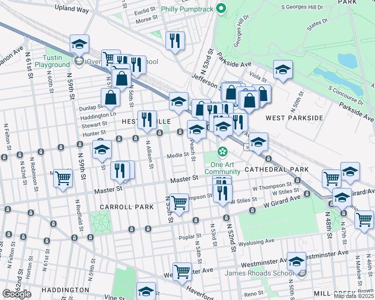 map of restaurants, bars, coffee shops, grocery stores, and more near 1529 North 54th Street in Philadelphia