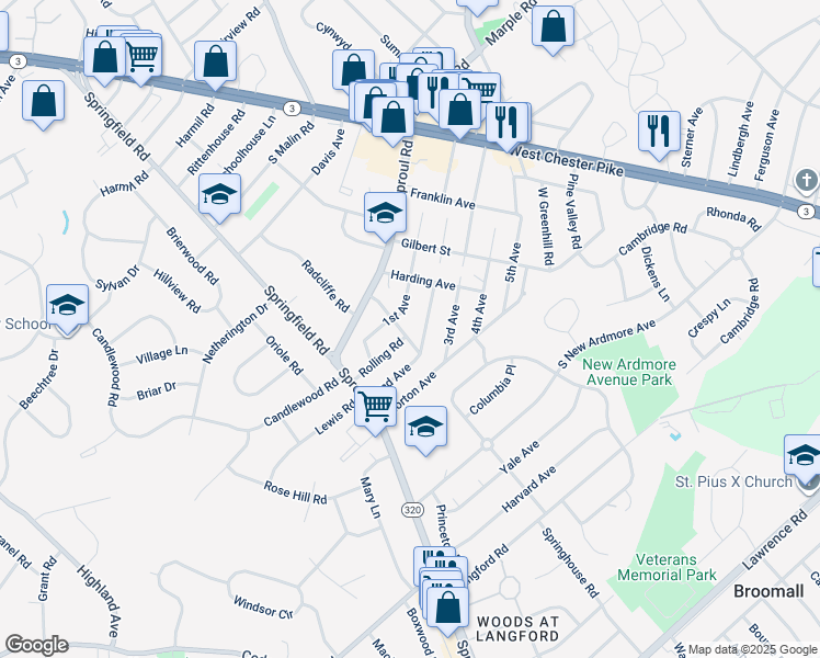 map of restaurants, bars, coffee shops, grocery stores, and more near 126 1st Avenue in Broomall