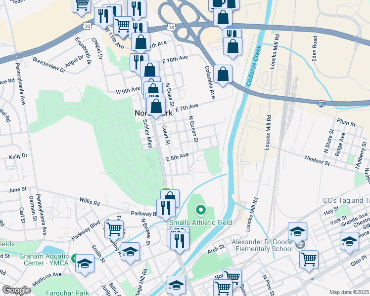 map of restaurants, bars, coffee shops, grocery stores, and more near 952 North Duke Street in York